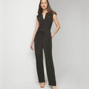 WHBM Black Matte Jersey Jumpsuit Drawstring waist pockets sleeveless Sz L